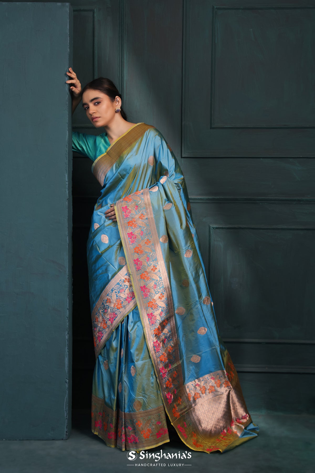 Ocean Blue Banarasi Silk Saree With Floral Buttas Design
