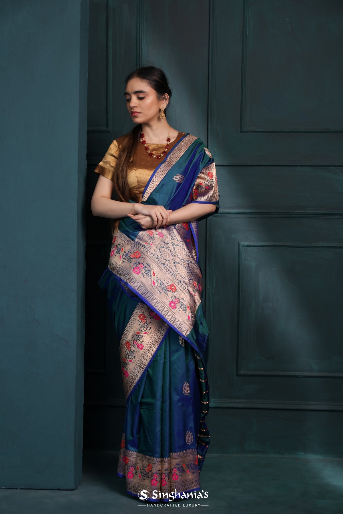 Blue Sapphire Banarasi Silk Saree With Floral Buttas Design