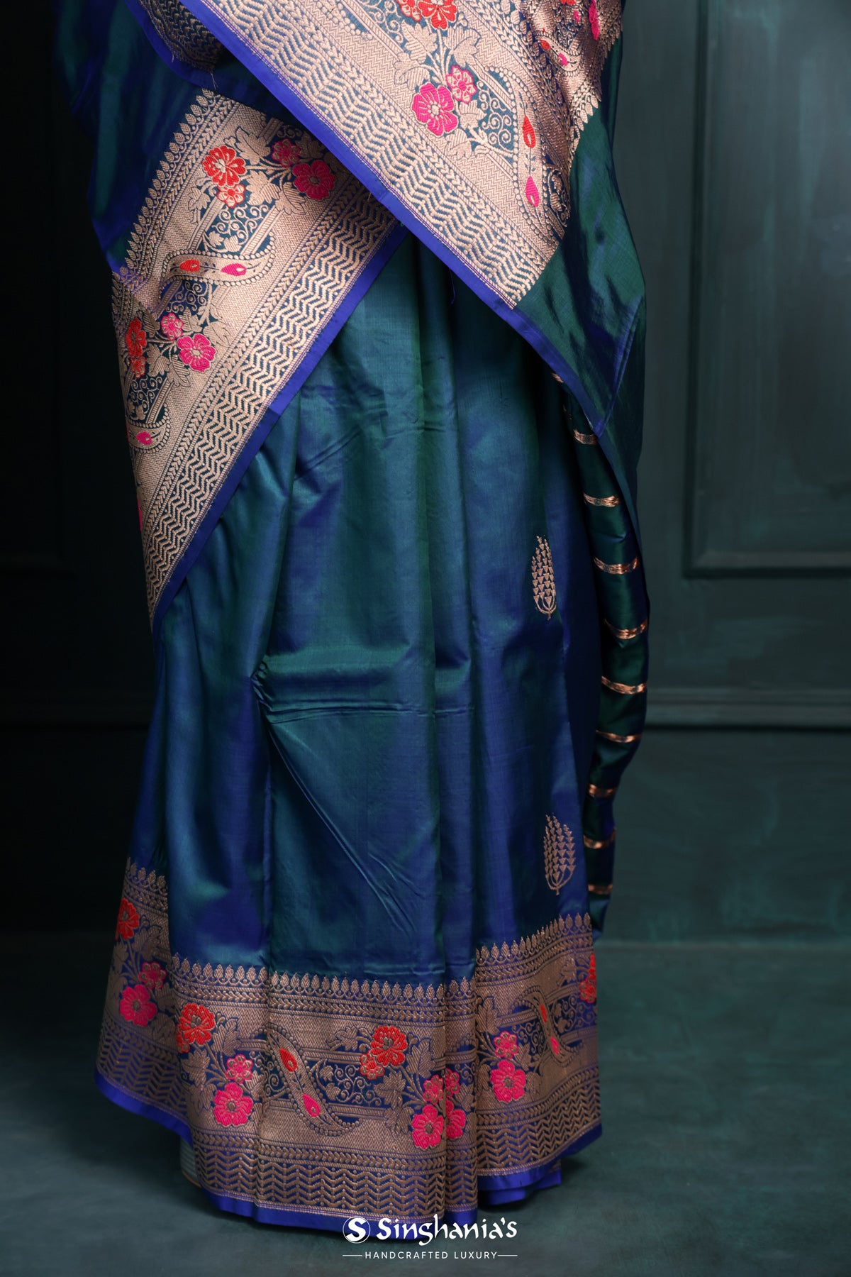 Blue Sapphire Banarasi Silk Saree With Floral Buttas Design
