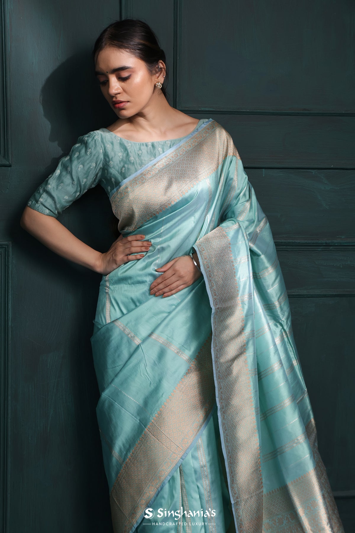 Powder Blue Banarasi Silk Saree With Stripes Design