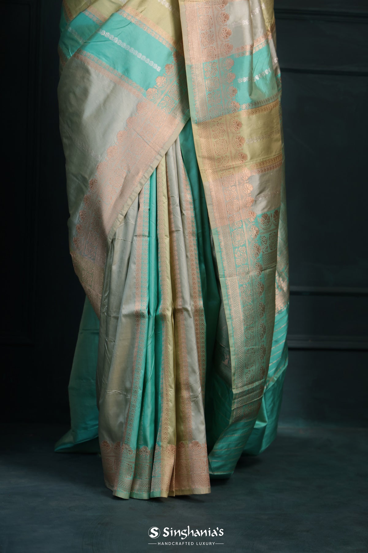 Light Turquoise Blue-Multi Colour Banarasi Silk Saree With Floral Stripes Weaving
