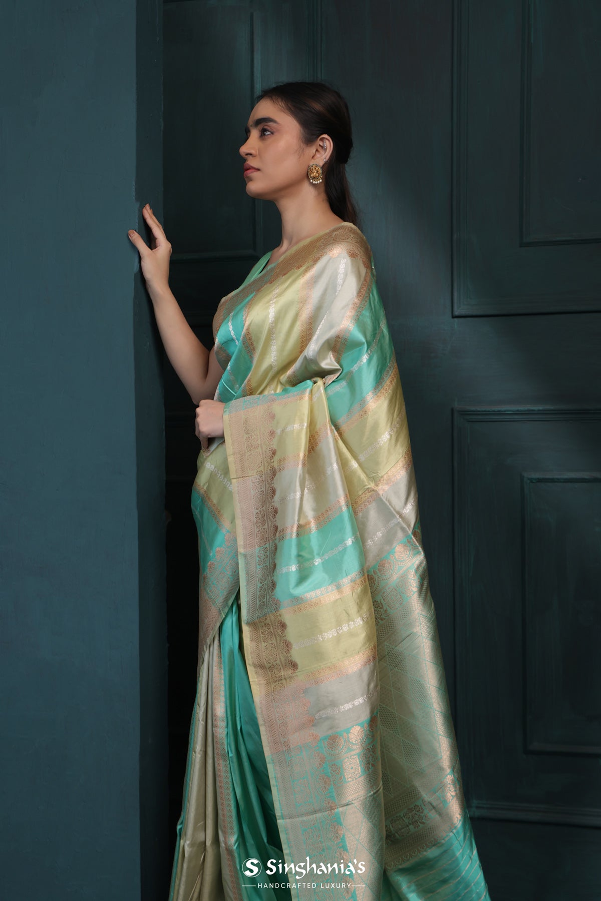 Light Turquoise Blue-Multi Colour Banarasi Silk Saree With Floral Stripes Weaving