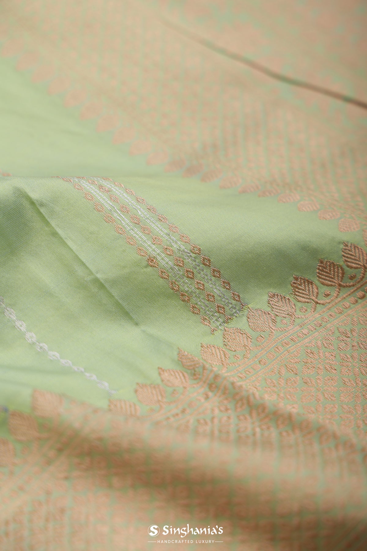 Sage Green Banarasi Silk Saree With Stripes Design