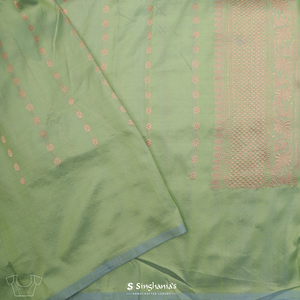 Sage Green Banarasi Silk Saree With Stripes Design