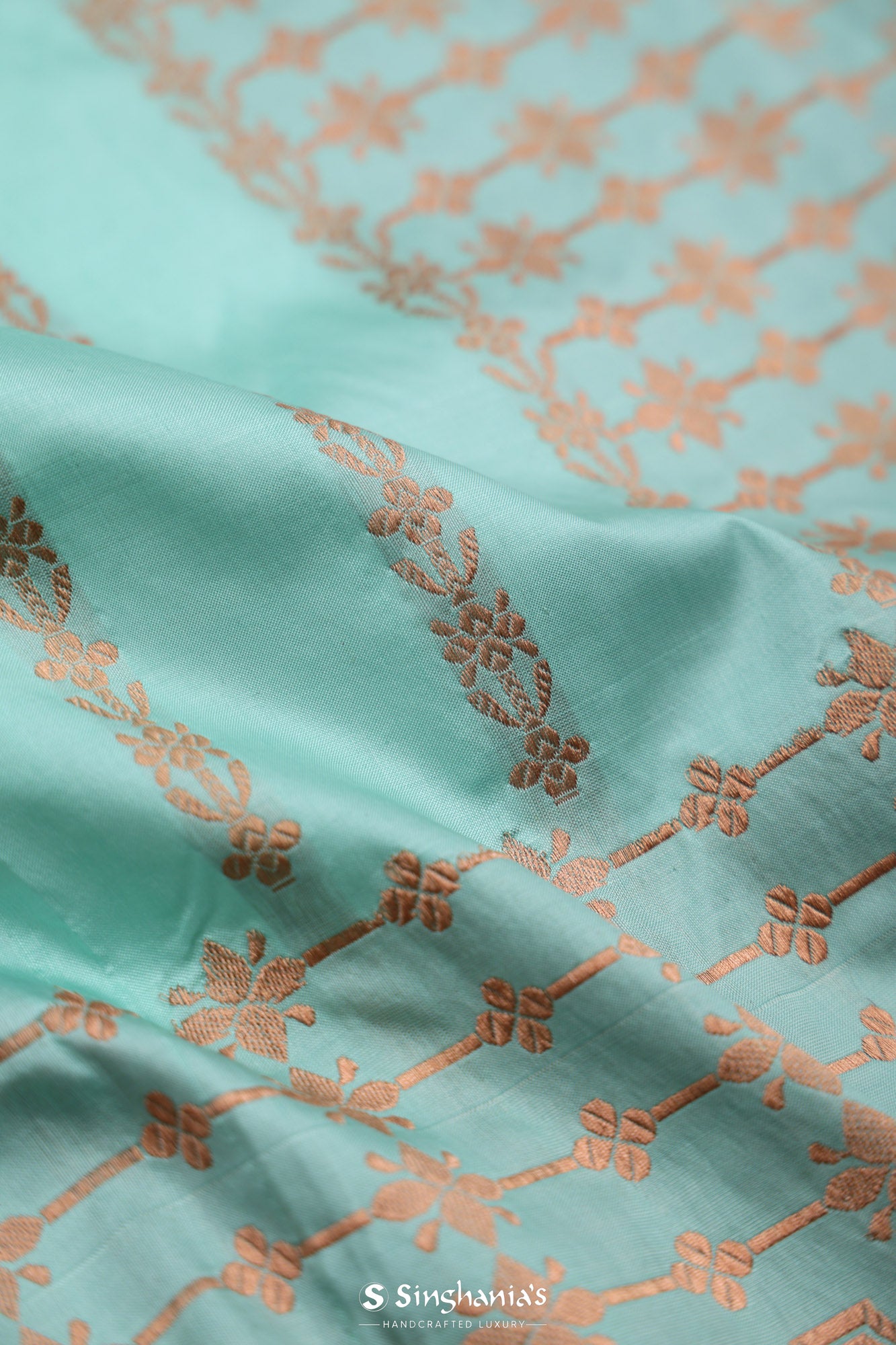 Light Turquoise Blue Banarasi Silk Saree With Floral Stripes Weaving