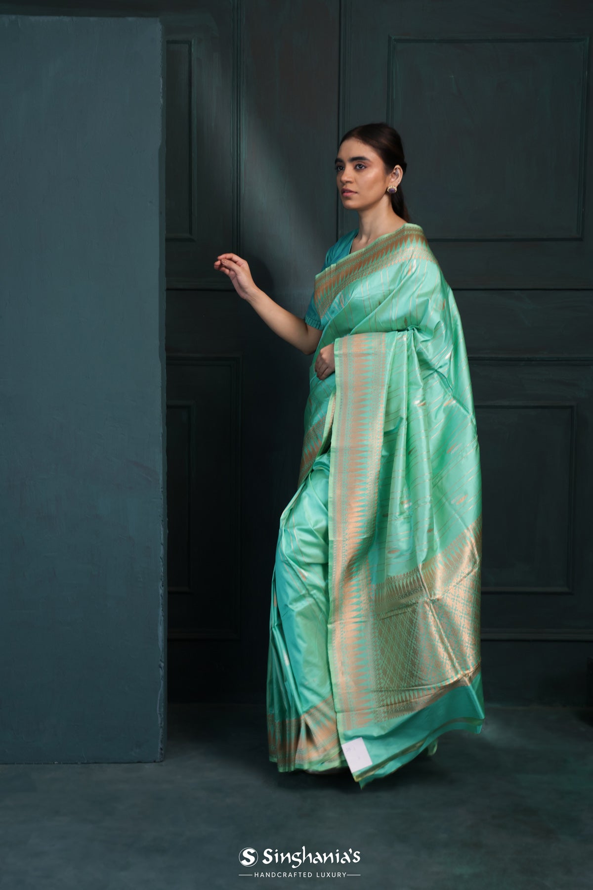 Caribbean Green Banarasi Silk Saree With Floral Buttas-Stripes Design