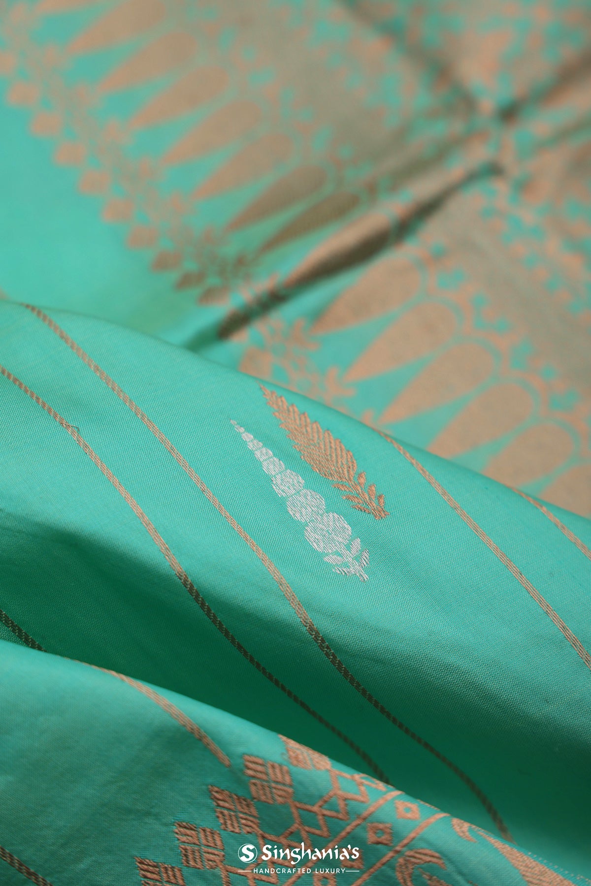Caribbean Green Banarasi Silk Saree With Floral Buttas-Stripes Design