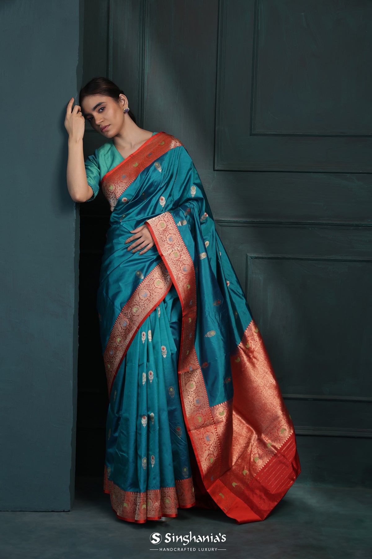 Munsell Blue Banarasi Silk Saree With Floral Buttas Design