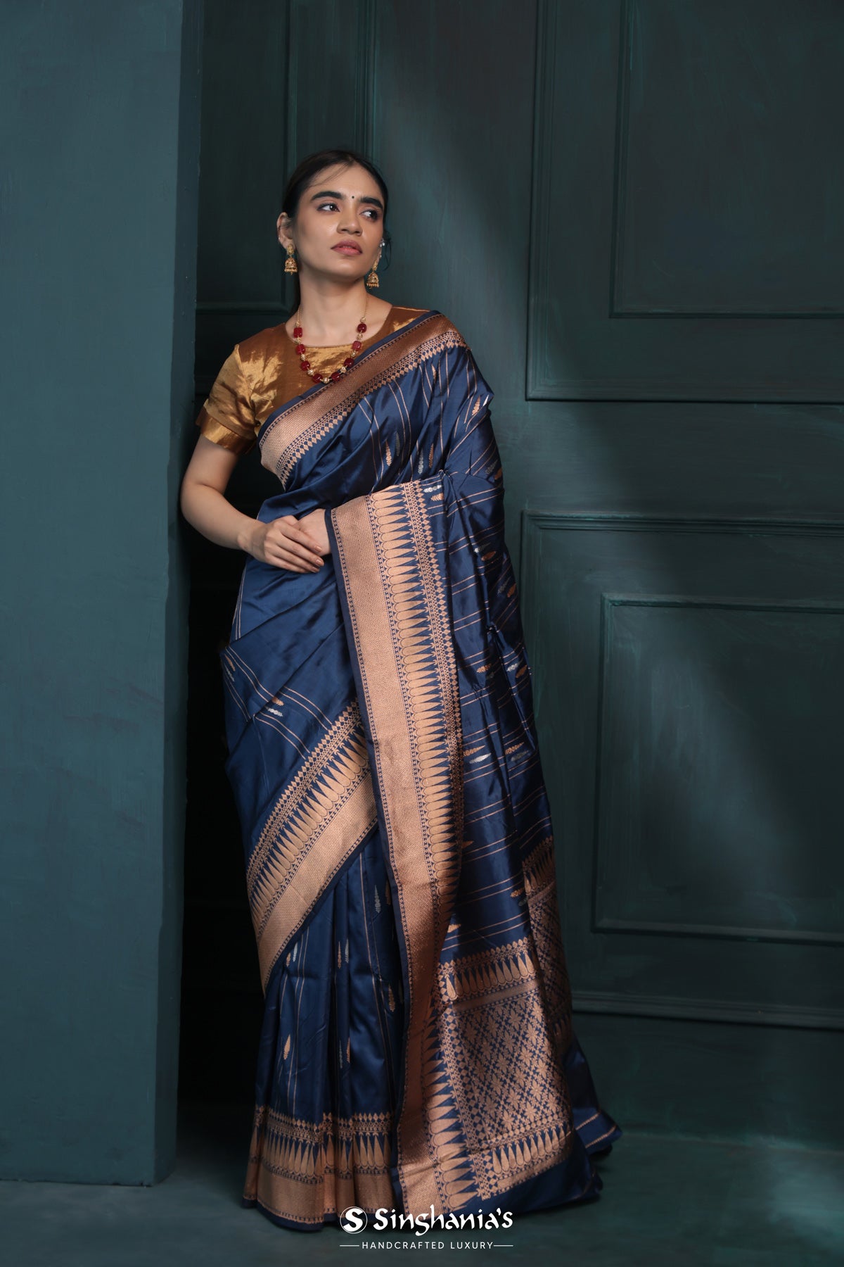 Prussian Blue Banarasi Silk Saree With Floral Buttas-Stripes Design