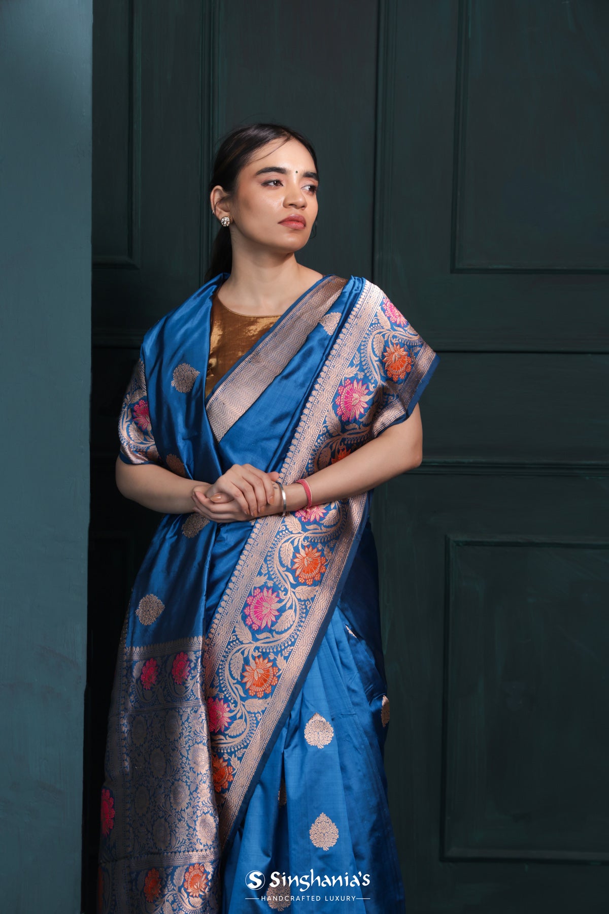 Imperial Blue Banarasi Silk Saree With Floral Buttas Design