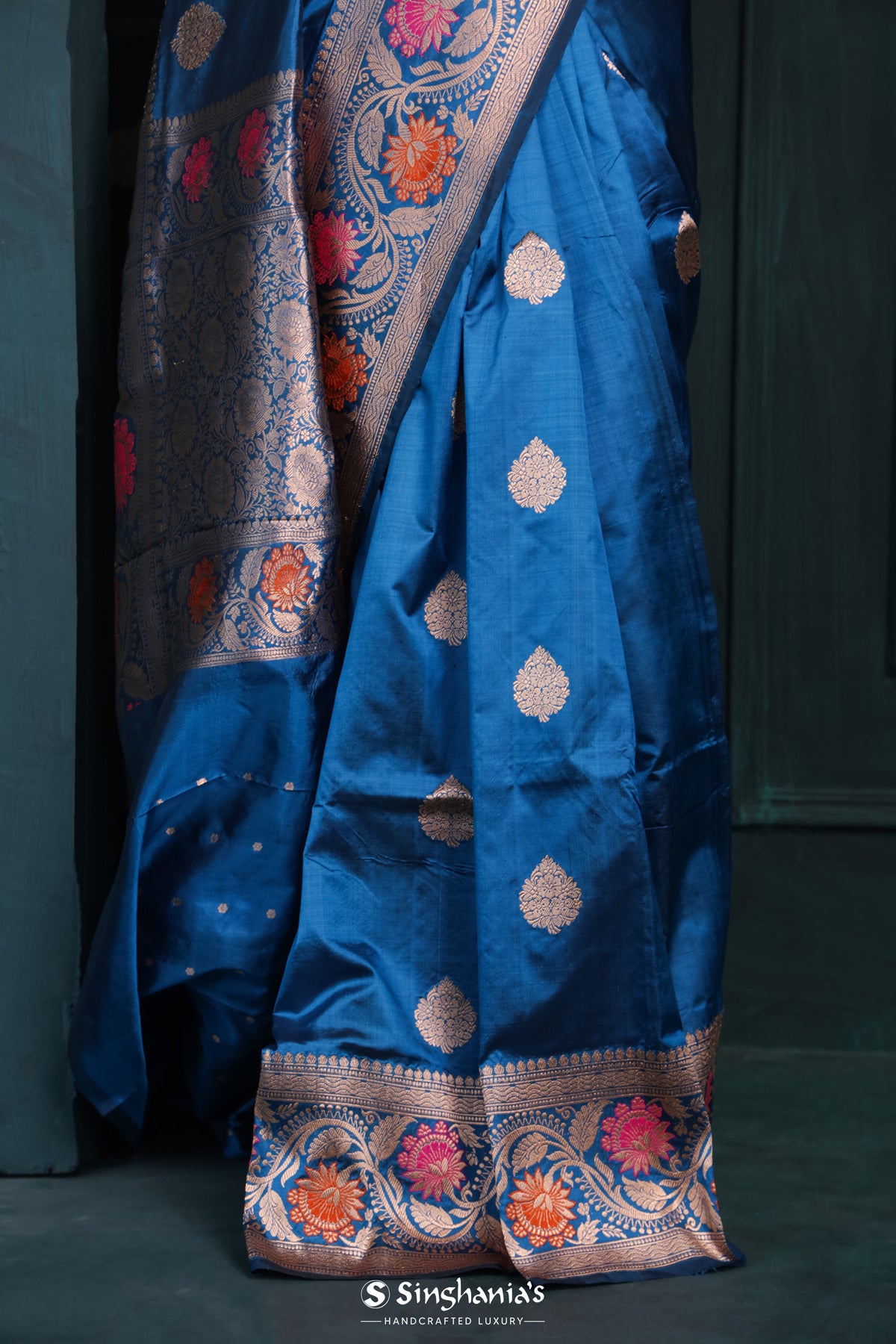 Imperial Blue Banarasi Silk Saree With Floral Buttas Design