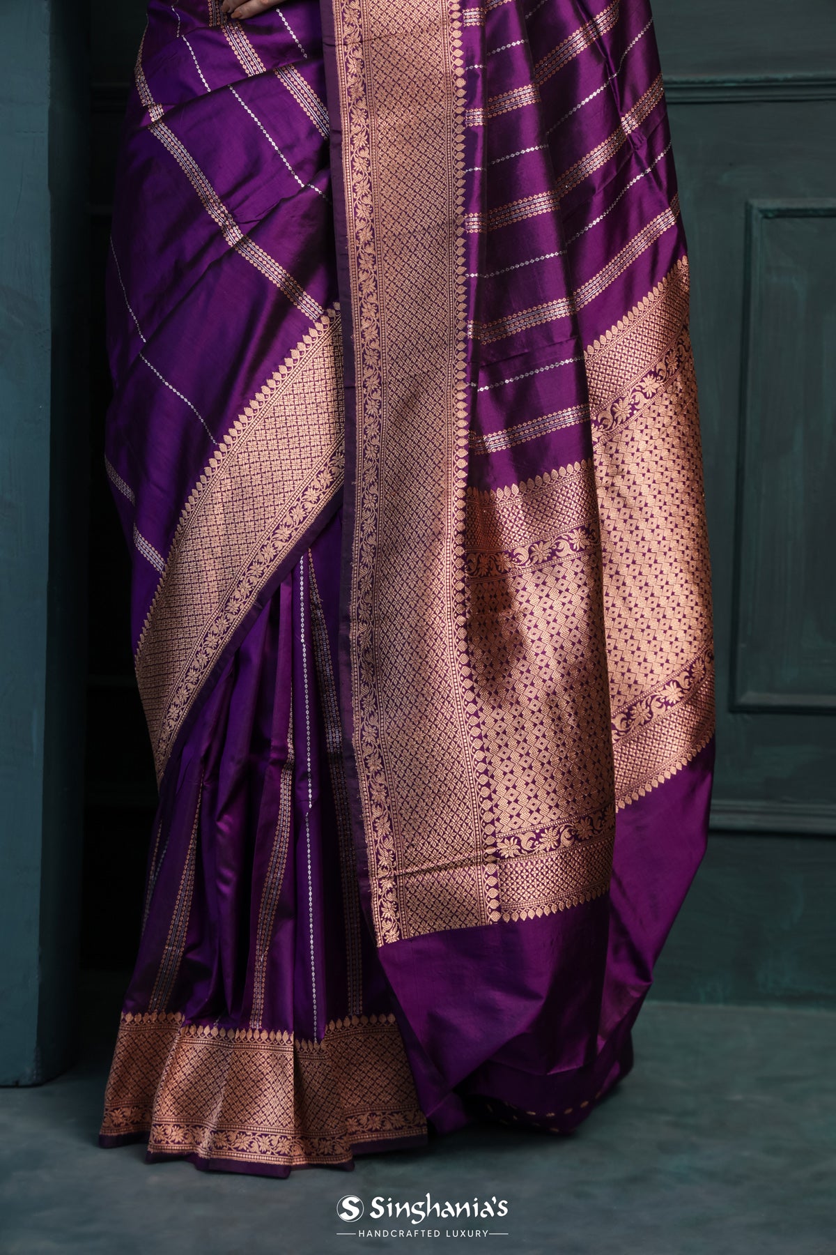 Imperial Purple Banarasi Silk Saree With Stripes Design