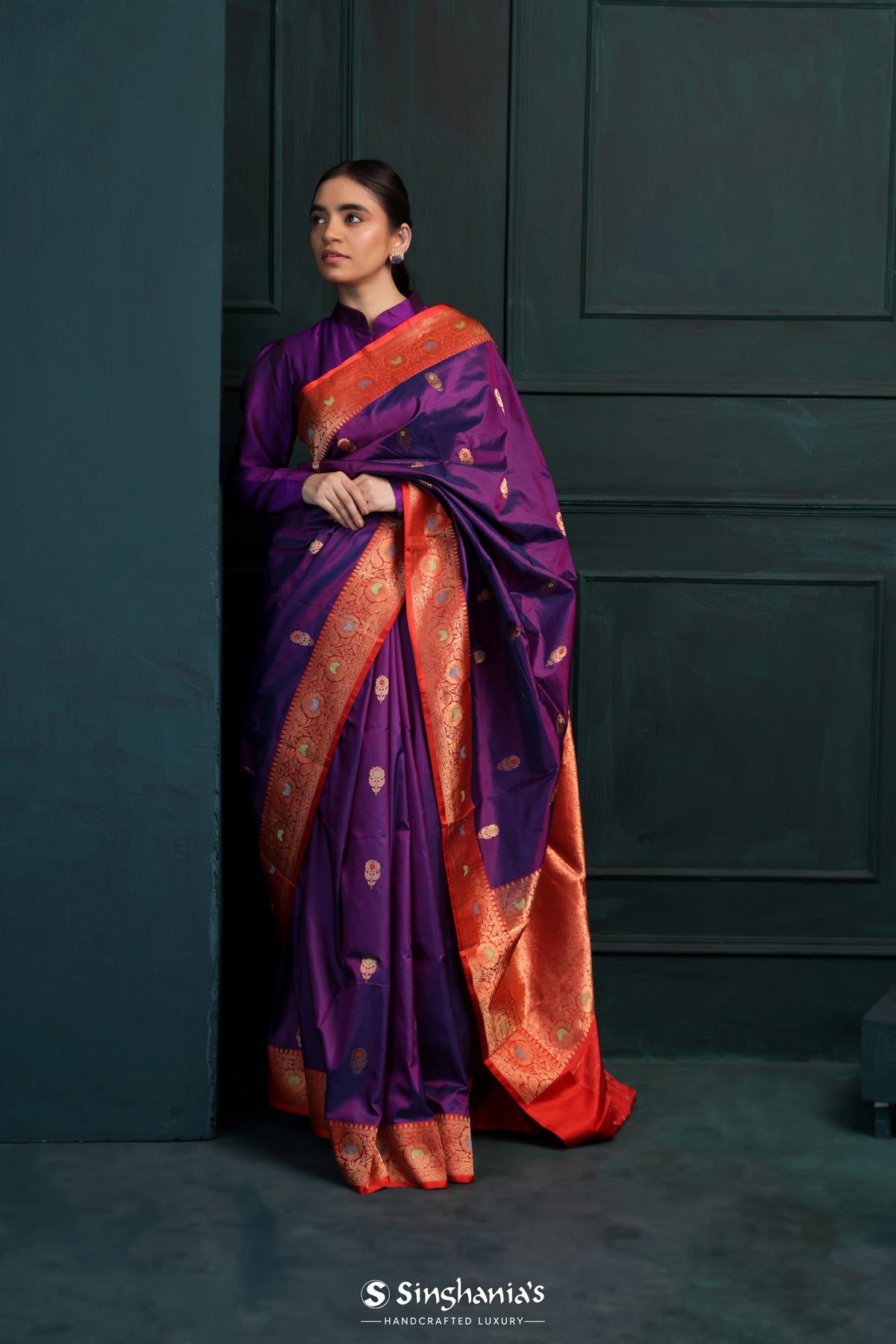 Ocean Purple Banarasi Silk Saree With Floral Buttas Design