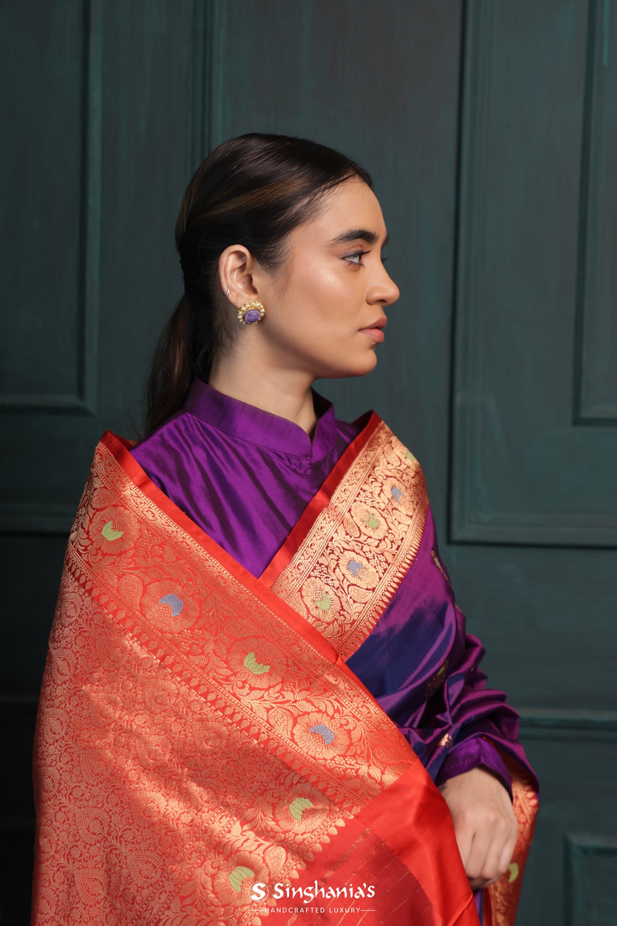 Ocean Purple Banarasi Silk Saree With Floral Buttas Design