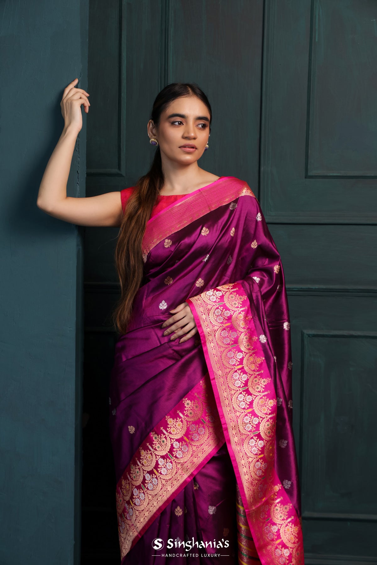 Claret Purple Banarasi Silk Saree With Floral Buttas Design
