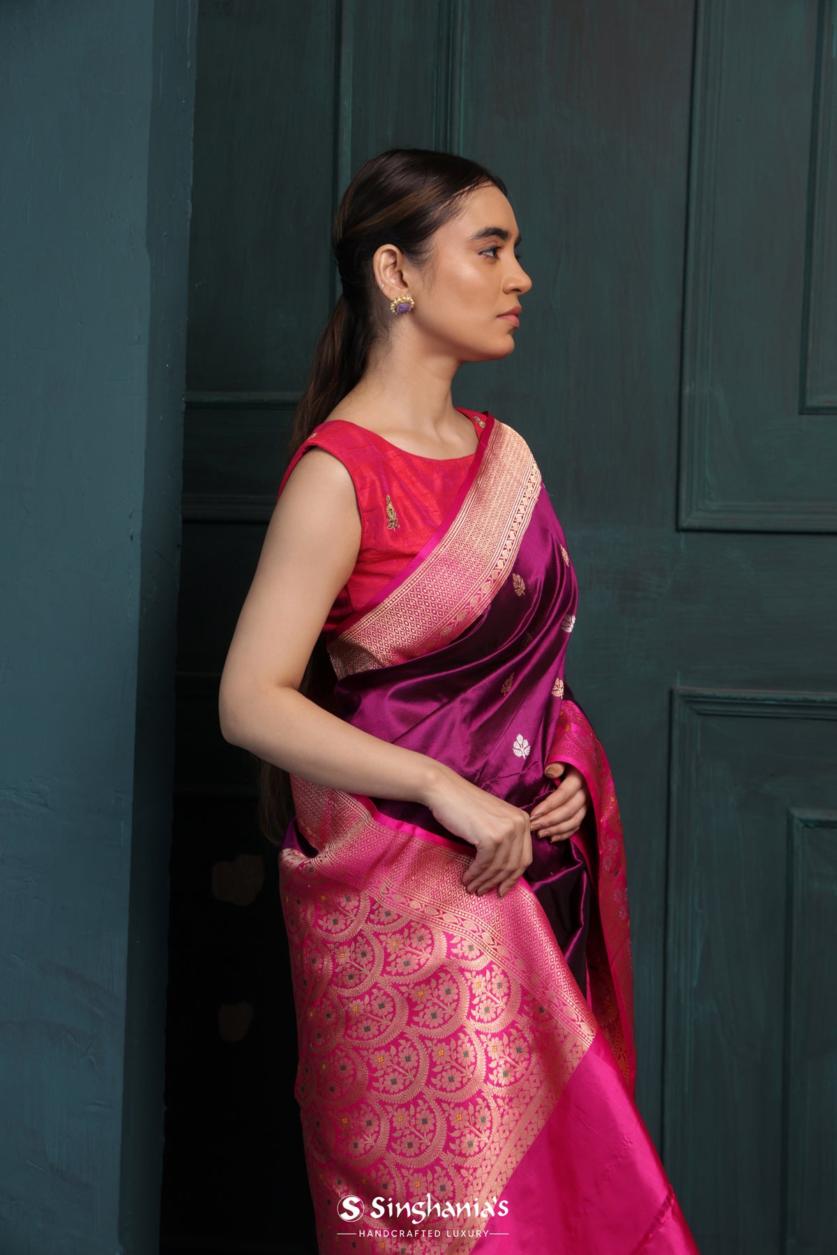 Claret Purple Banarasi Silk Saree With Floral Buttas Design