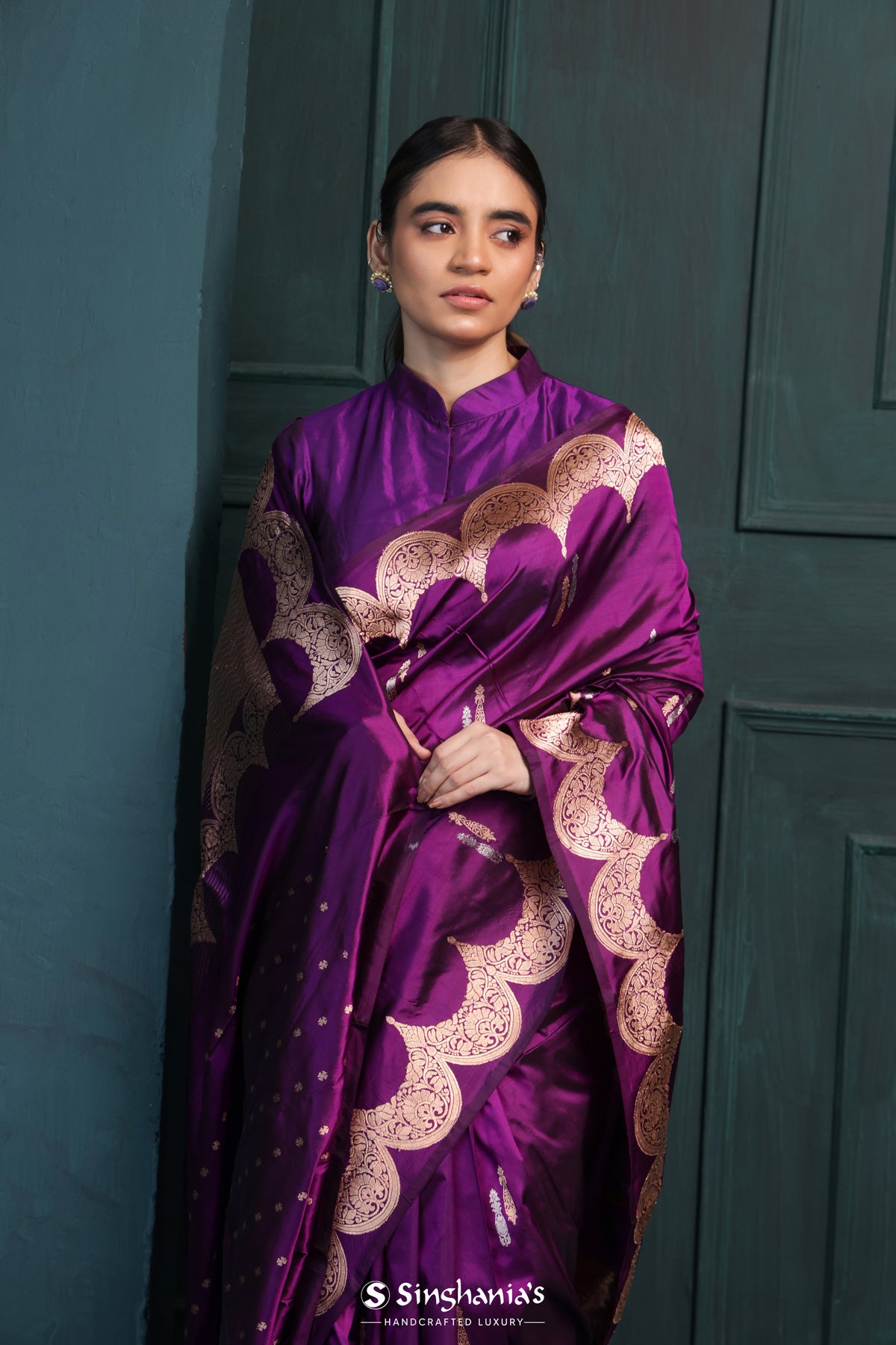 Luxury Purple Banarasi Silk Saree With Floral Buttas Design