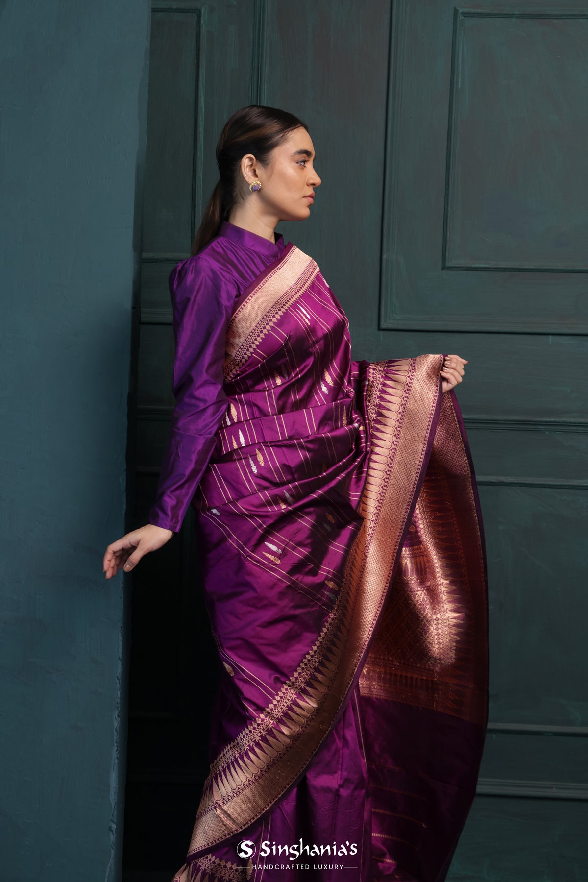 Purple Banarasi Silk Saree With Floral Buttas-Stripes Design