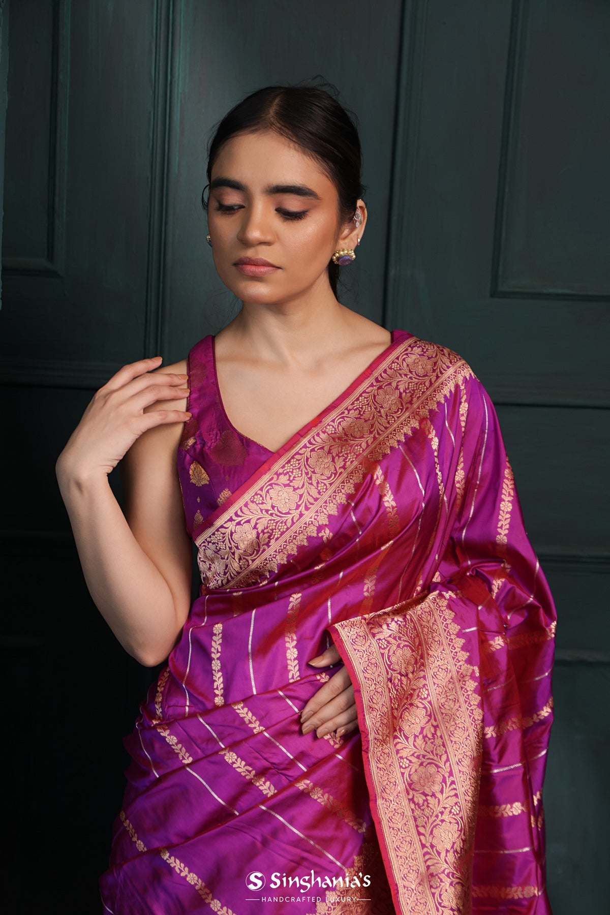 Fandango Purple Dual Tone Banarasi Silk Saree With Floral Stripes Weaving