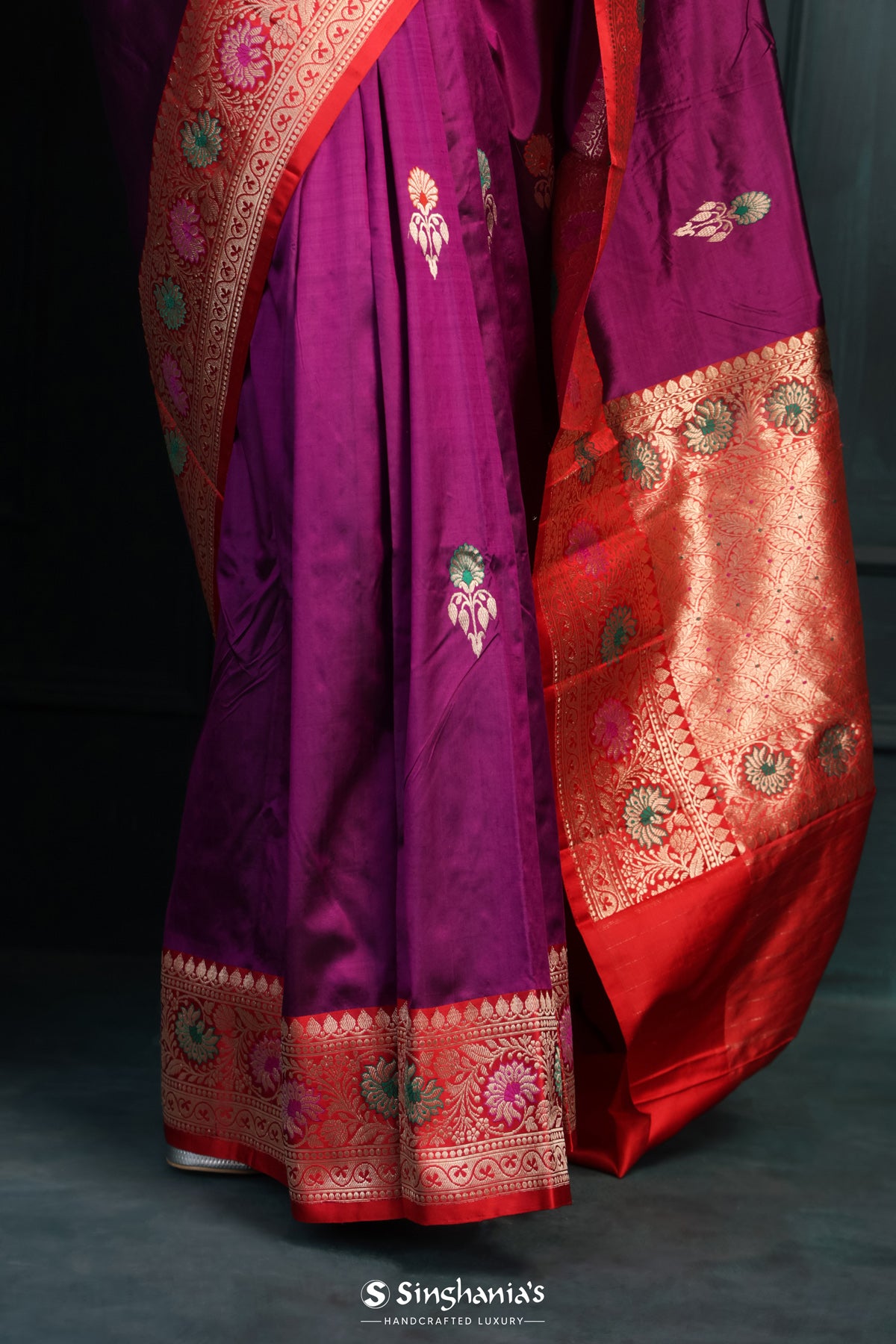 Purple Banarasi Silk Saree With Floral Buttas Design
