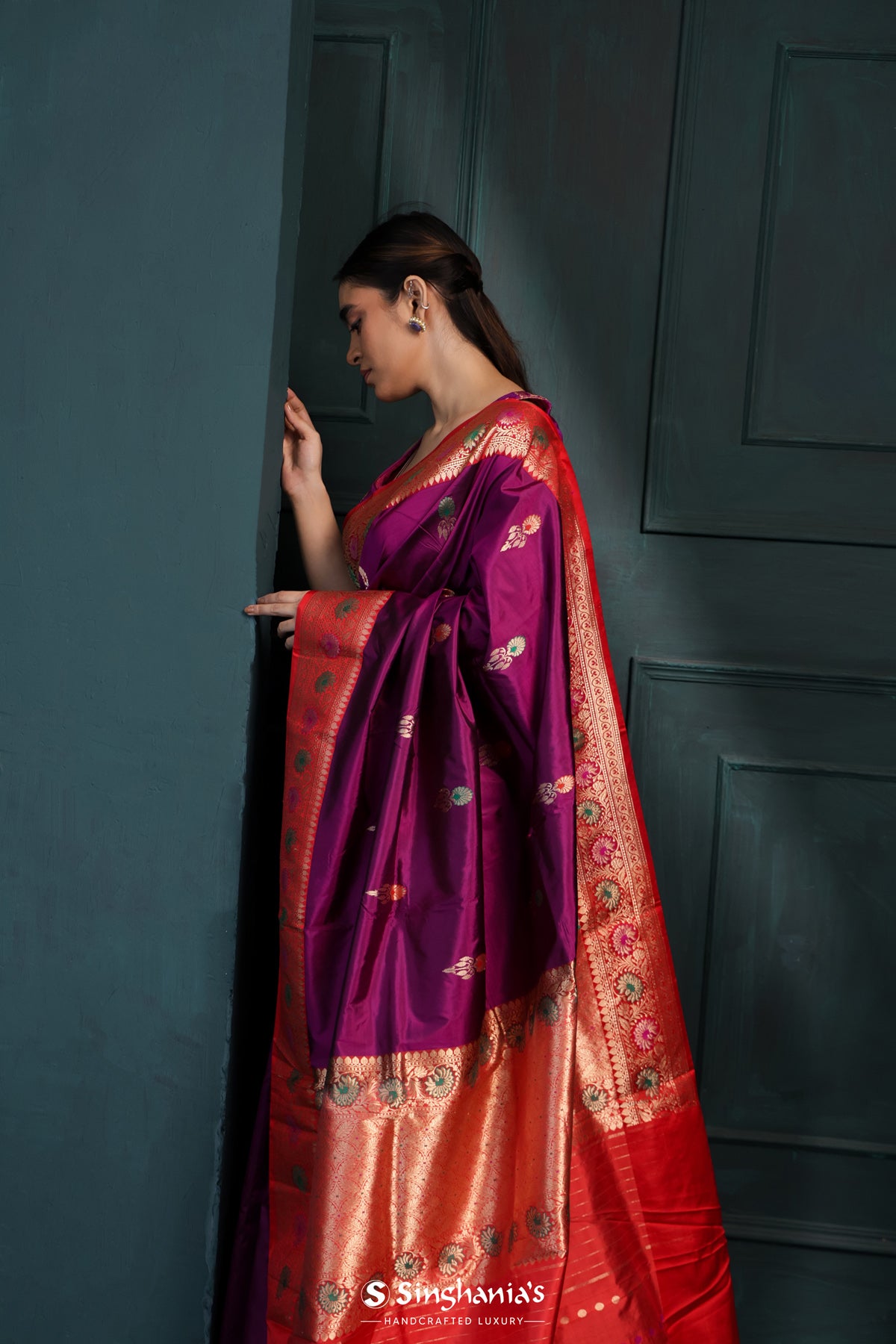 Purple Banarasi Silk Saree With Floral Buttas Design