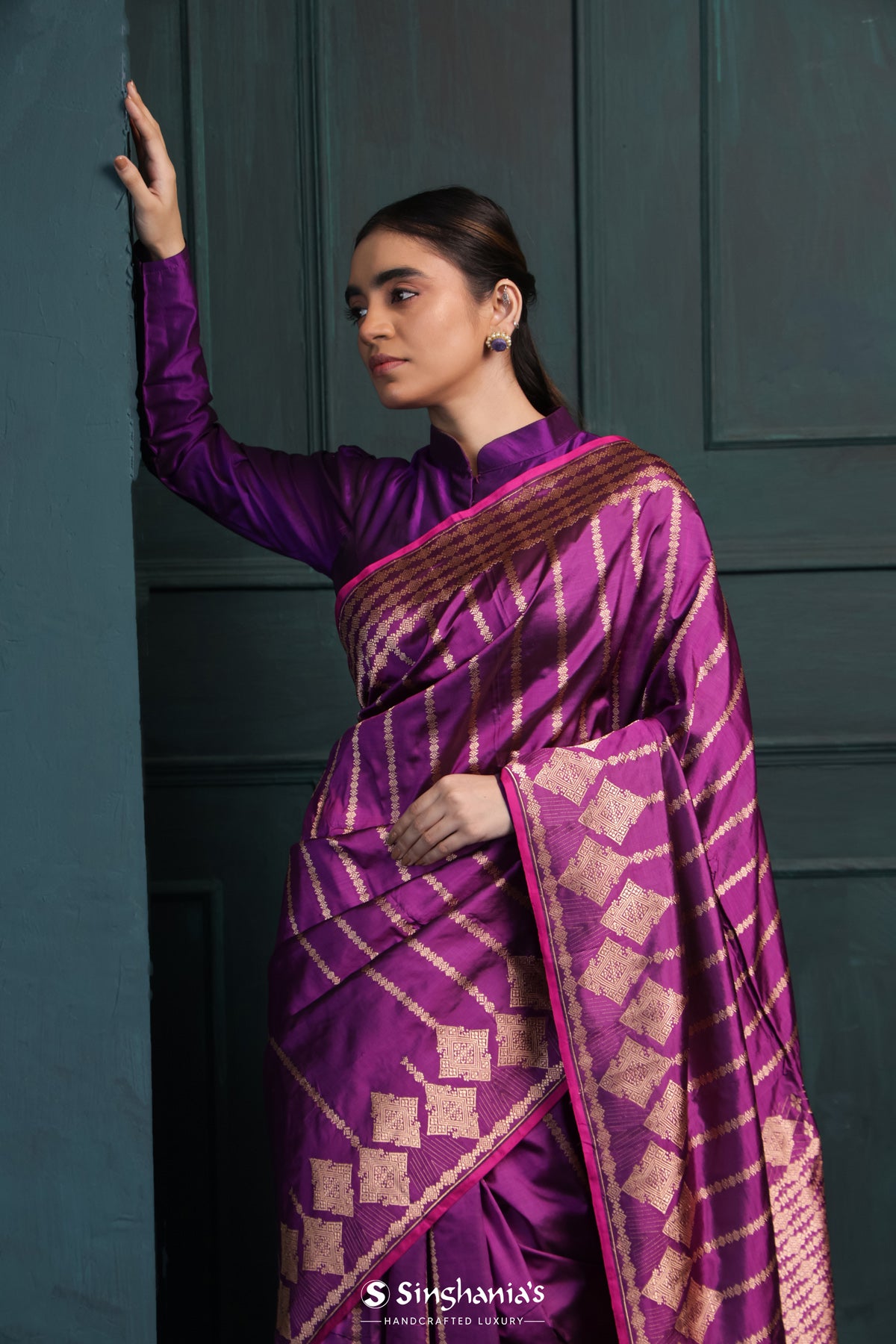 Strong Purple Banarasi Silk Saree With Floral Stripes Design