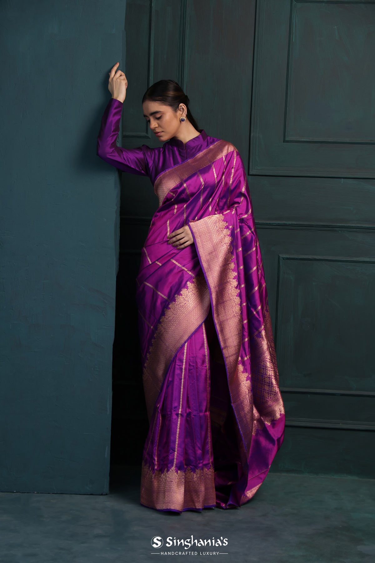 Dark Magenta Purple Banarasi Silk Saree With Floral Stripes Design