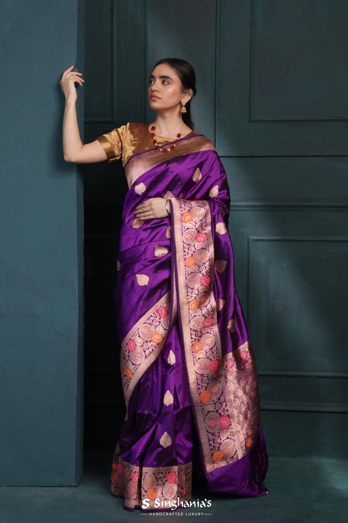 Munsell Purple Banarasi Silk Saree With Floral Buttas Design