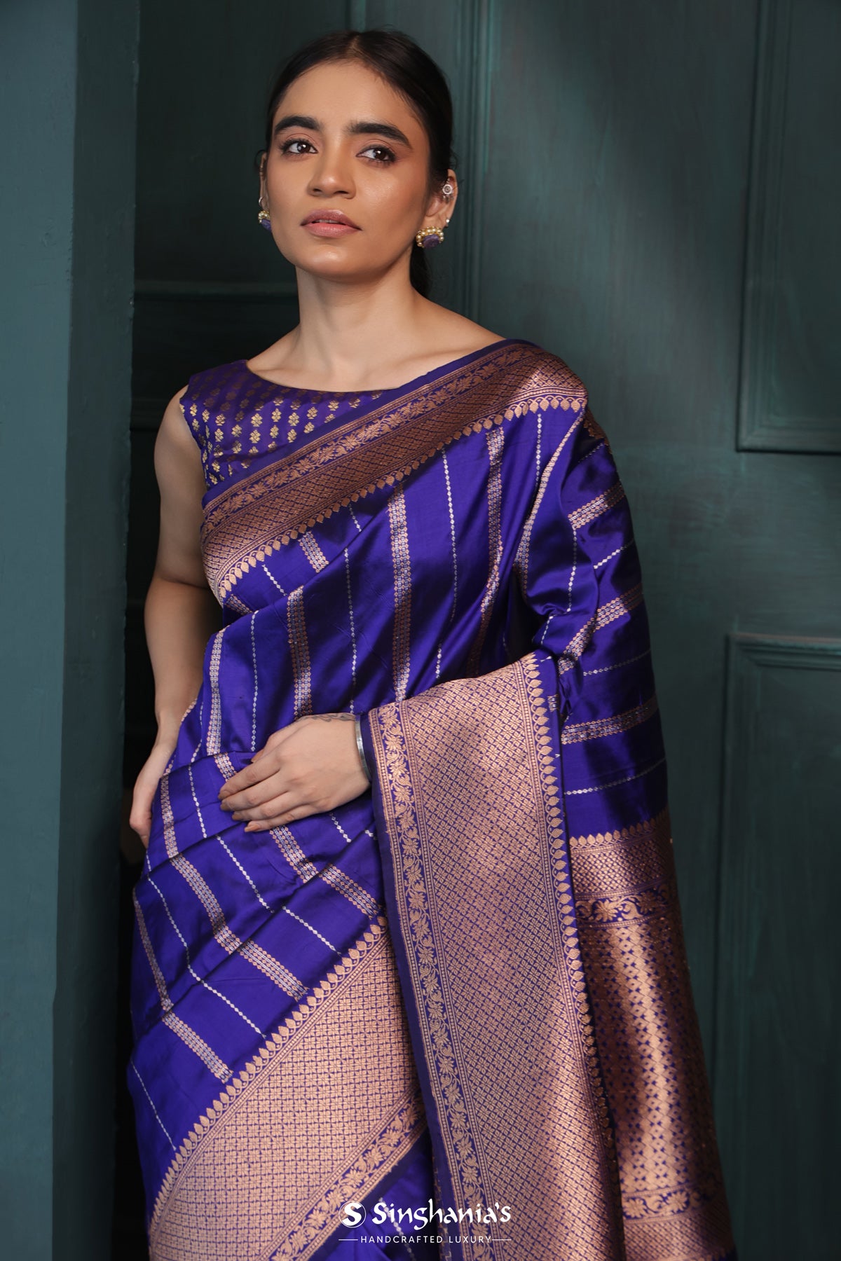 Pantone Blue Banarasi Silk Saree With Stripes Design