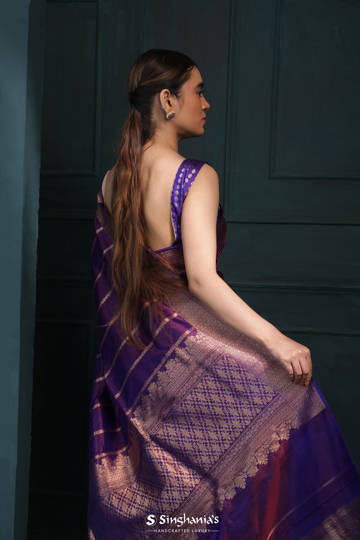 Palatinate Purple Banarasi Silk Saree With Floral Stripes Design
