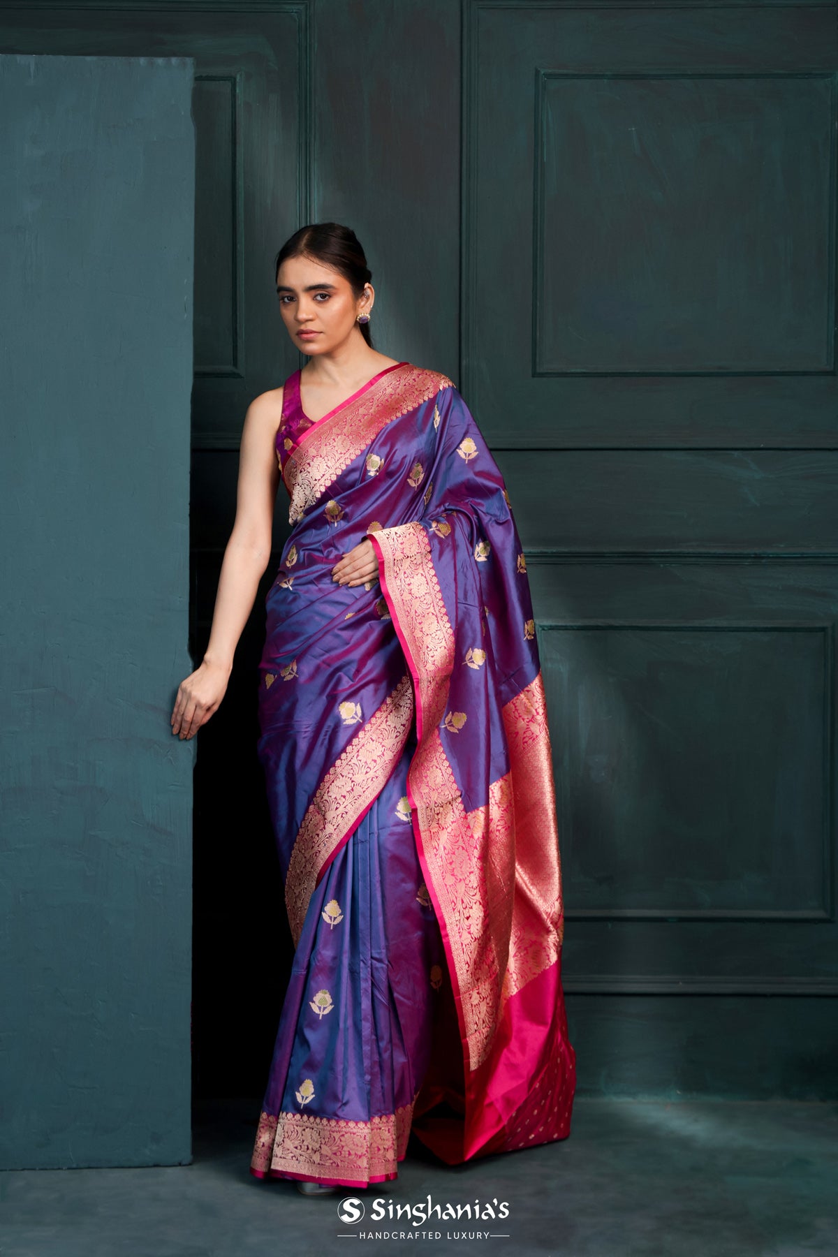 Purple Dual Tone Banarasi Silk Saree With Floral Buttas Design