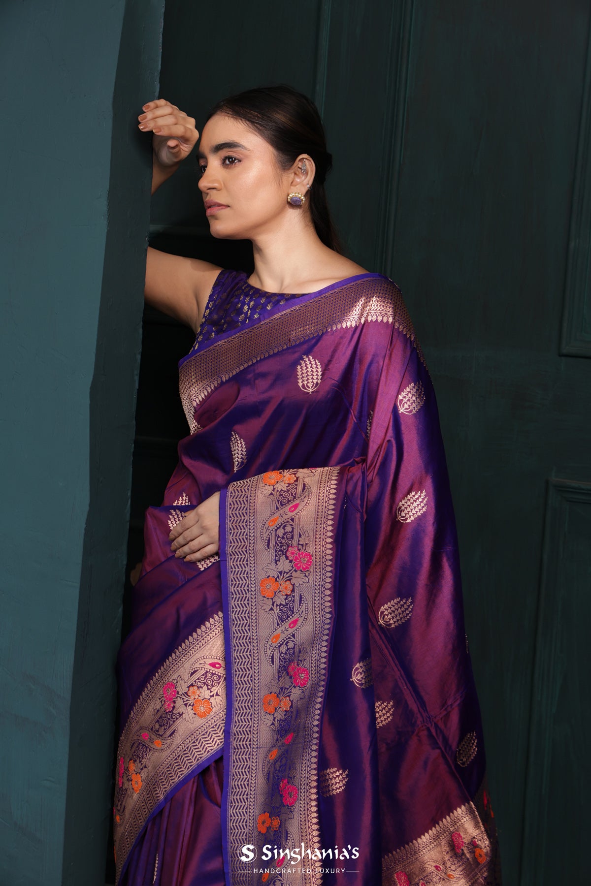 Autumn Purple Banarasi Silk Saree With Floral Buttas Design