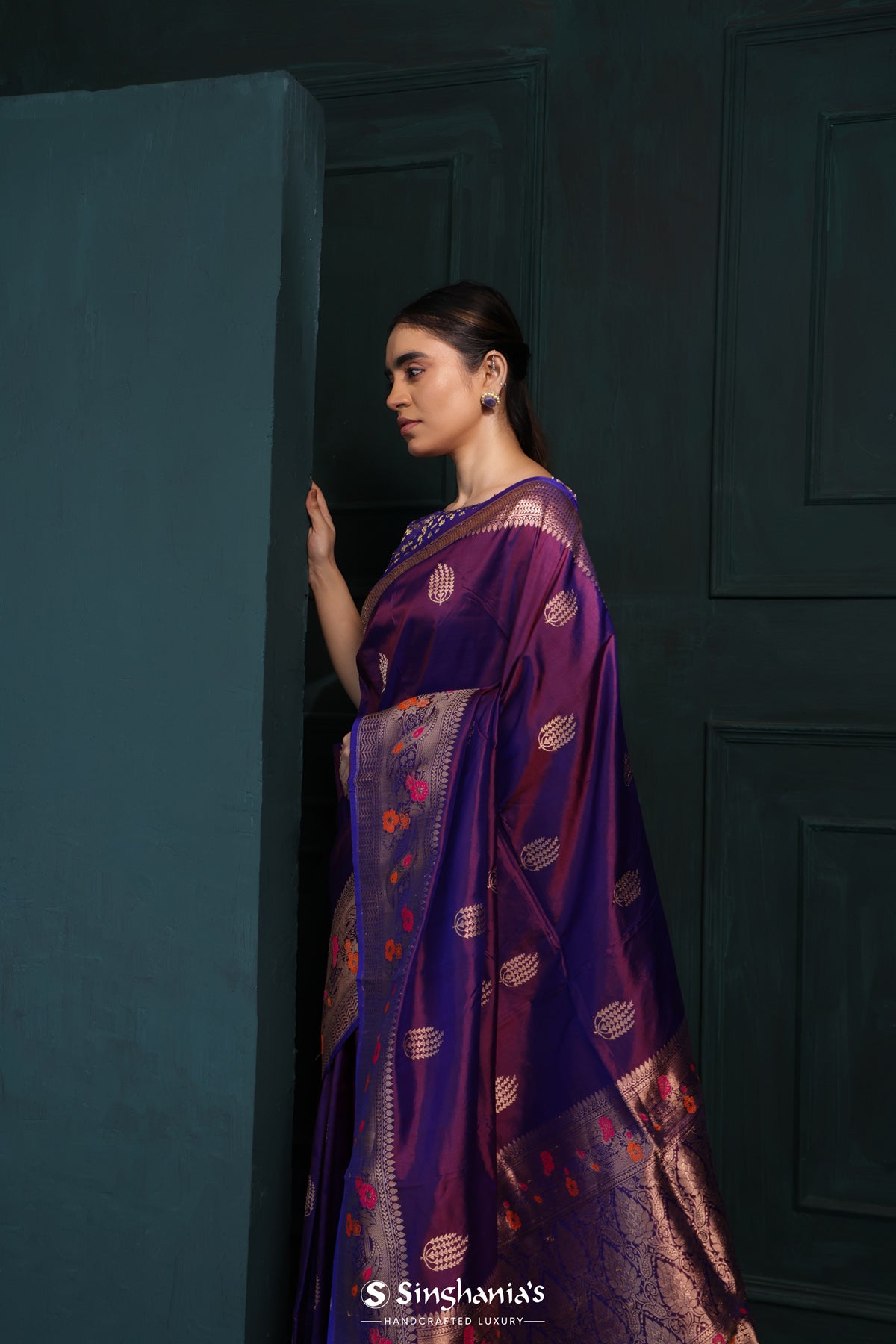 Autumn Purple Banarasi Silk Saree With Floral Buttas Design