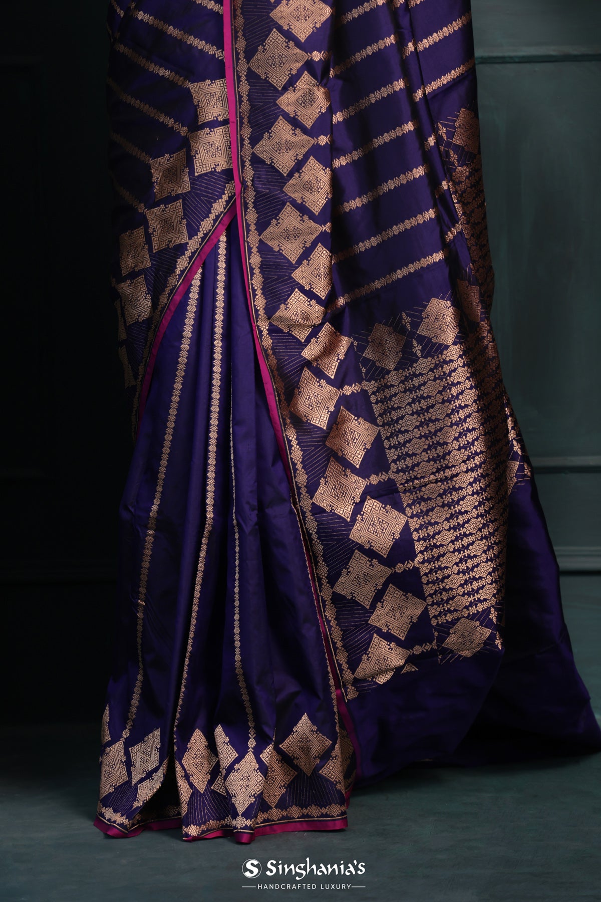 Ford Blue Banarasi Silk Saree With Floral Stripes Design