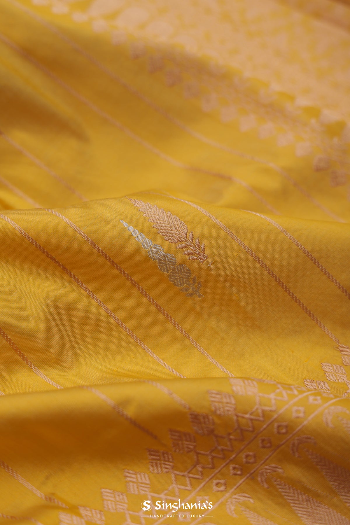 Sunflower Yellow Banarasi Silk Saree With Floral-Stripes Weaving