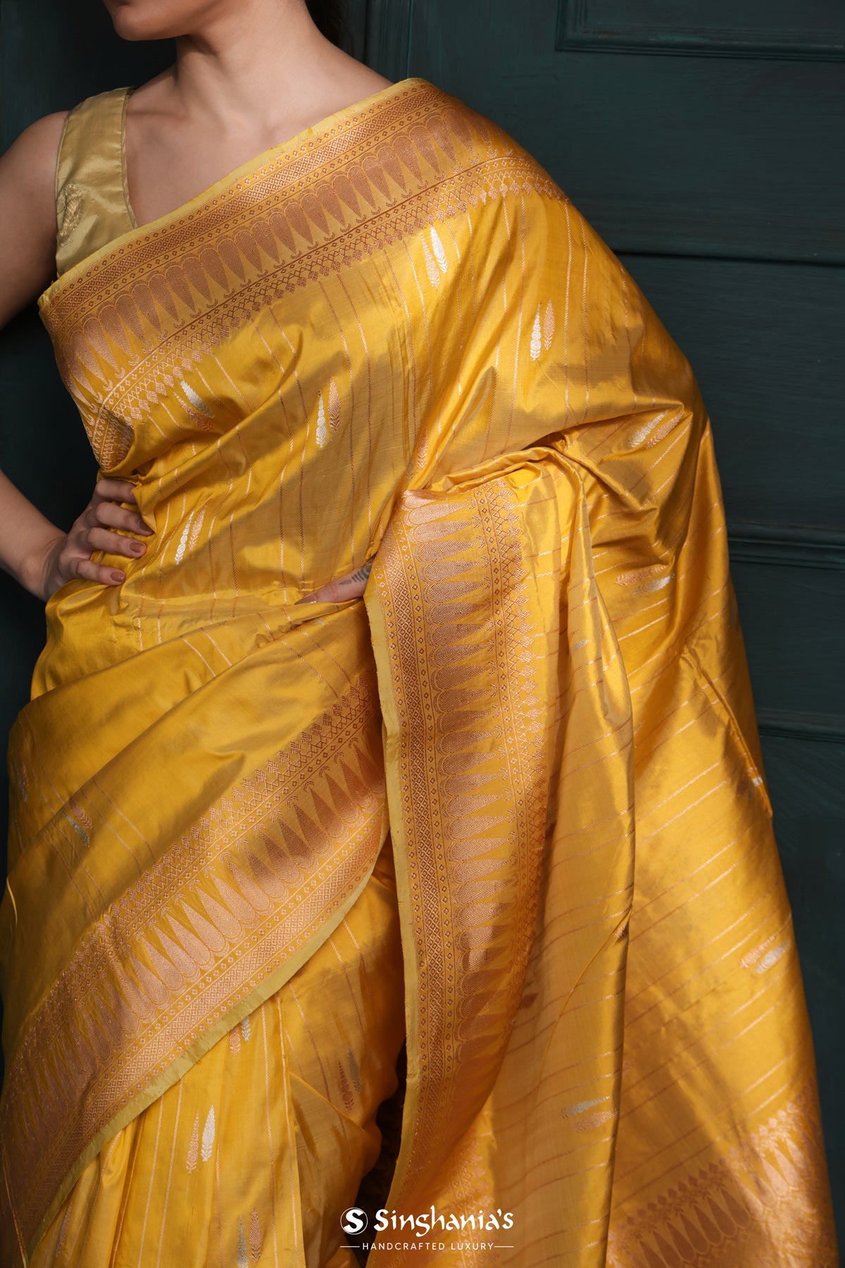 Munsell Yellow Banarasi Silk Saree With Floral-Stripes Weaving