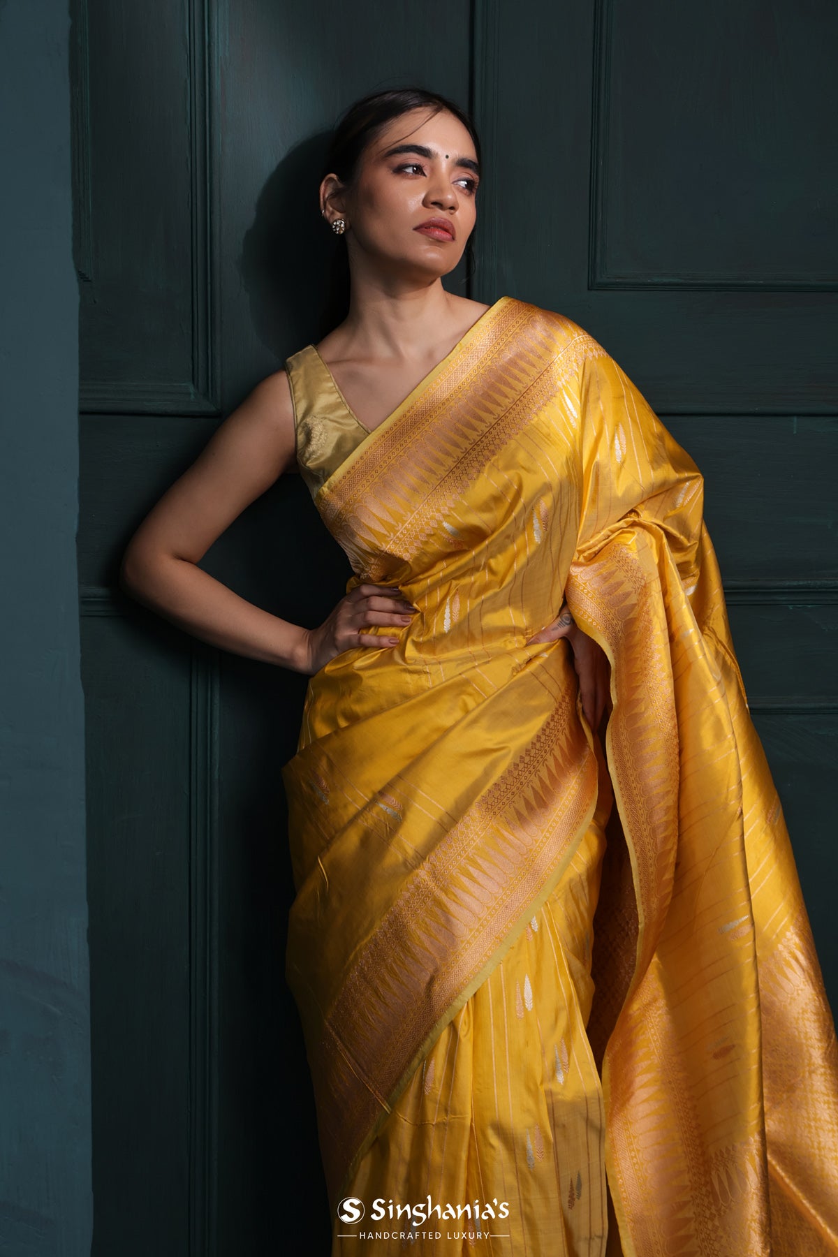 Munsell Yellow Banarasi Silk Saree With Floral-Stripes Weaving