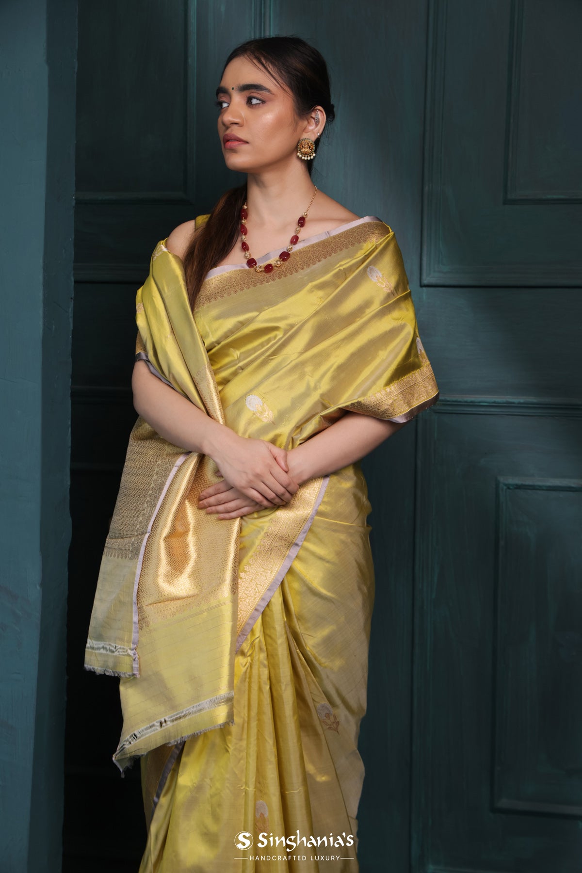 Lime Green Banarasi Silk Saree With Floral Butta Weaving