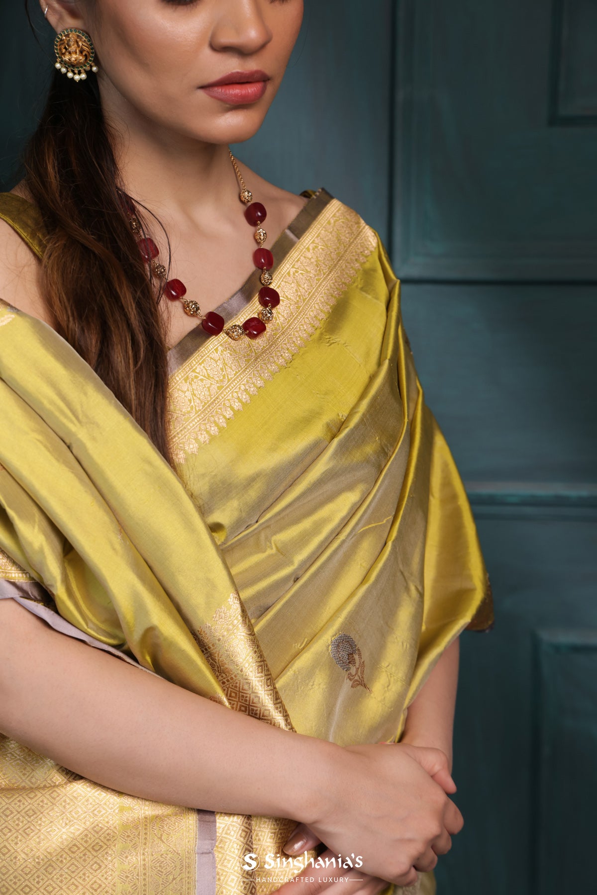 Lime Green Banarasi Silk Saree With Floral Butta Weaving