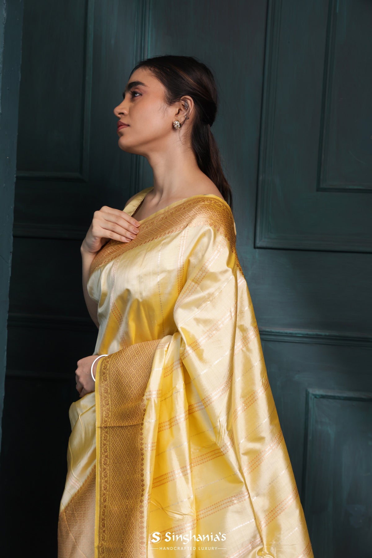 Warm Yellow Banarasi Silk Saree With Stripes Design