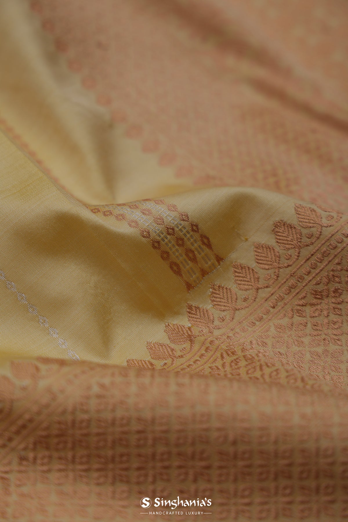 Warm Yellow Banarasi Silk Saree With Stripes Design