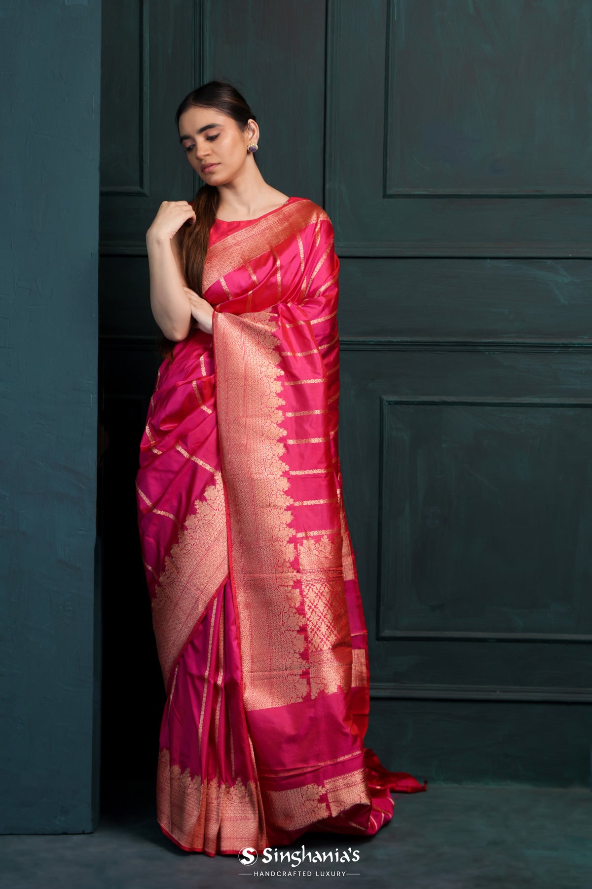 Dark Pink Banarasi Silk Saree With Floral Stripes Design