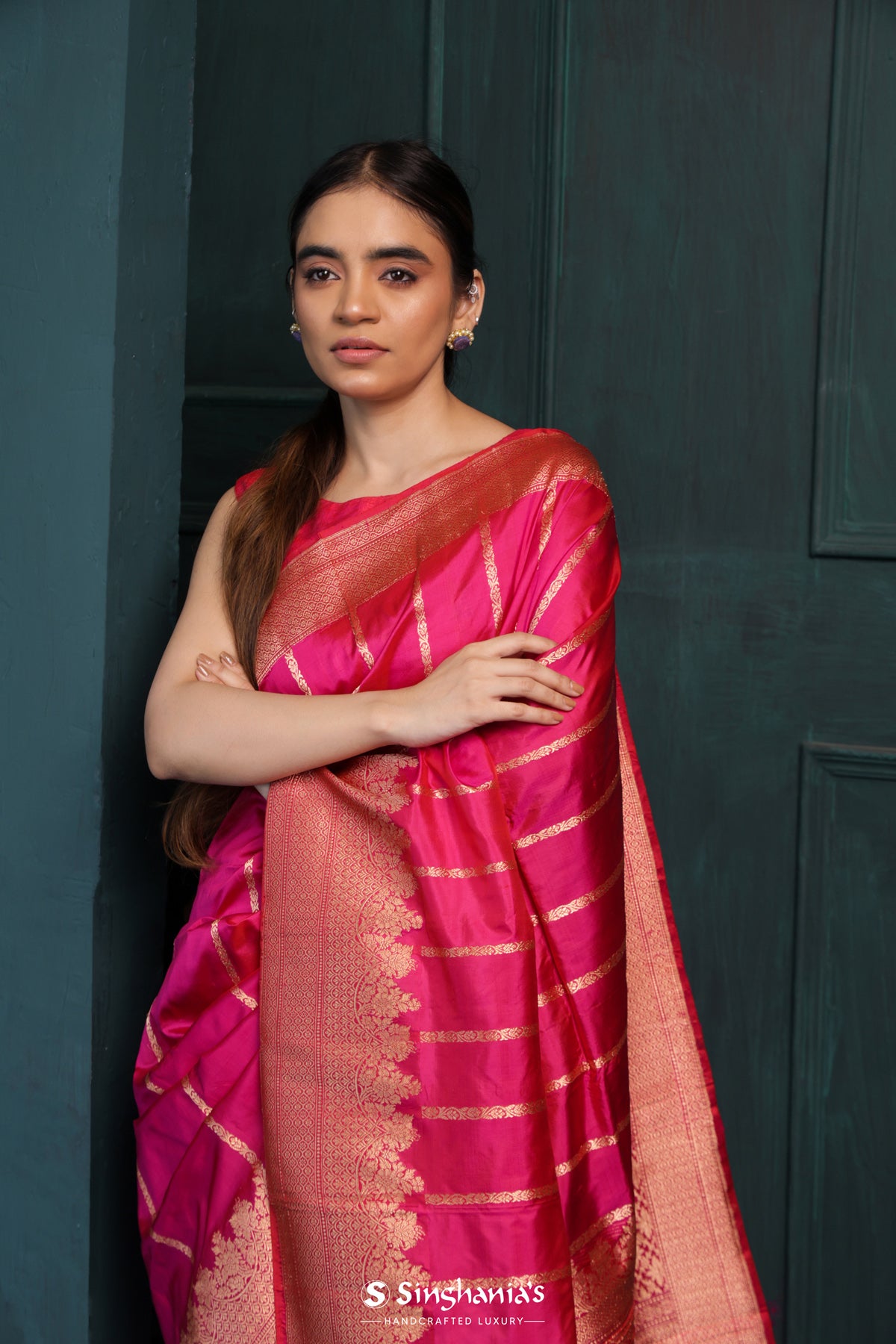 Dark Pink Banarasi Silk Saree With Floral Stripes Design