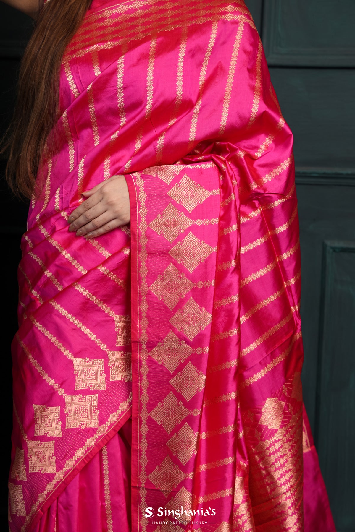 Brilliant Rose Pink Banarasi Silk Saree With Floral Stripes Design