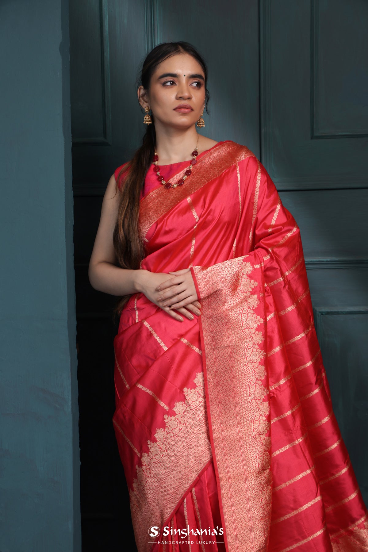 Imperial Red Banarasi Silk Saree With Floral Stripes Design