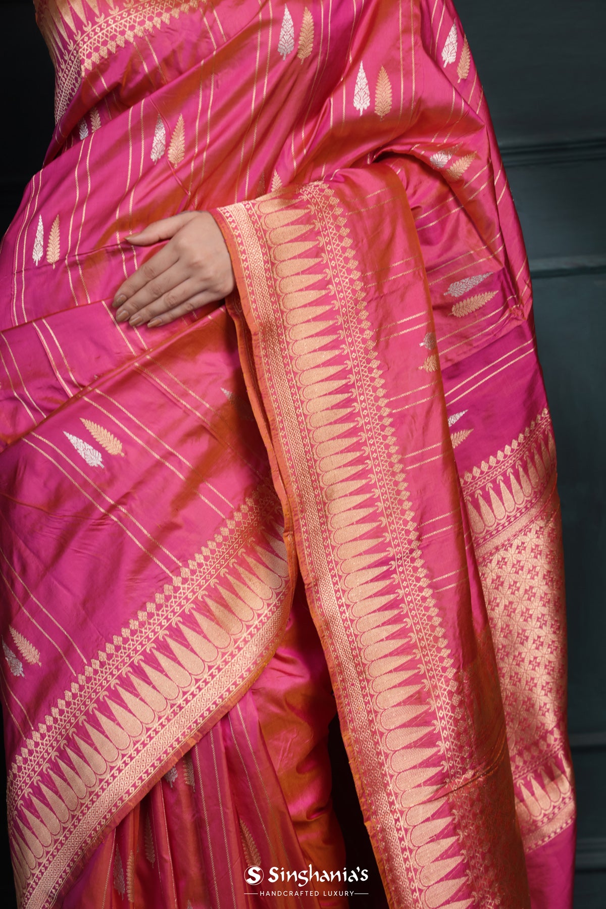 Light Crimson Pink Banarasi Silk Saree With Floral-Stripes Weaving