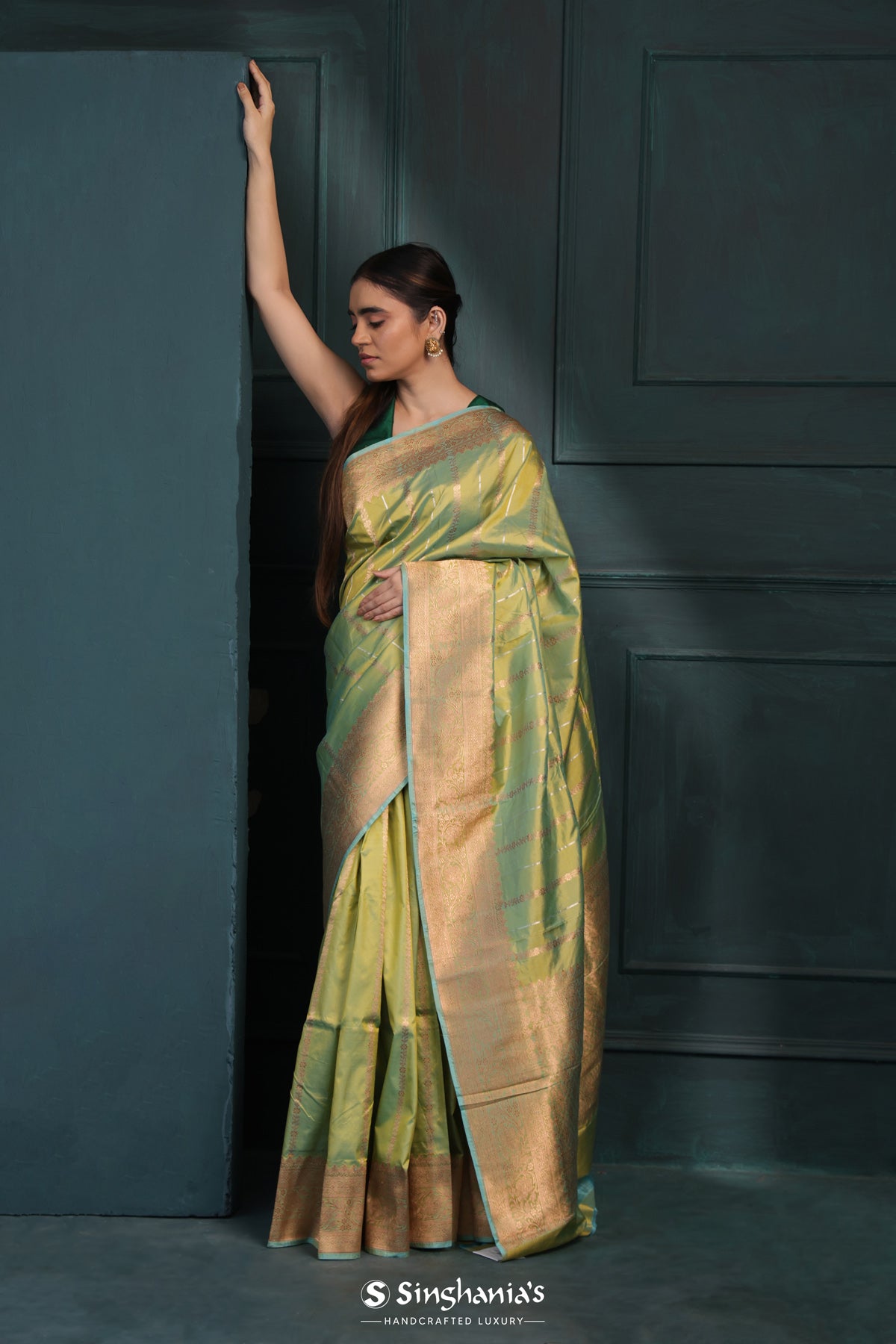 Pear Green Banarasi Silk Saree With Floral-Stripes Weaving
