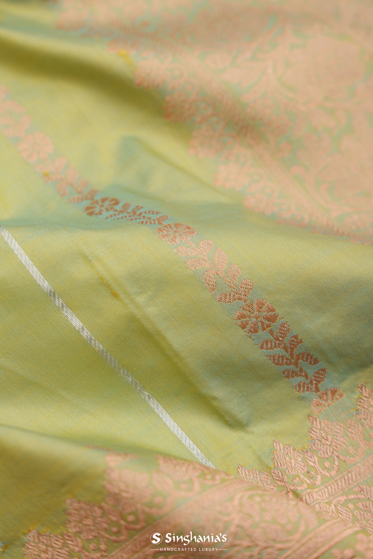 Pear Green Banarasi Silk Saree With Floral-Stripes Weaving