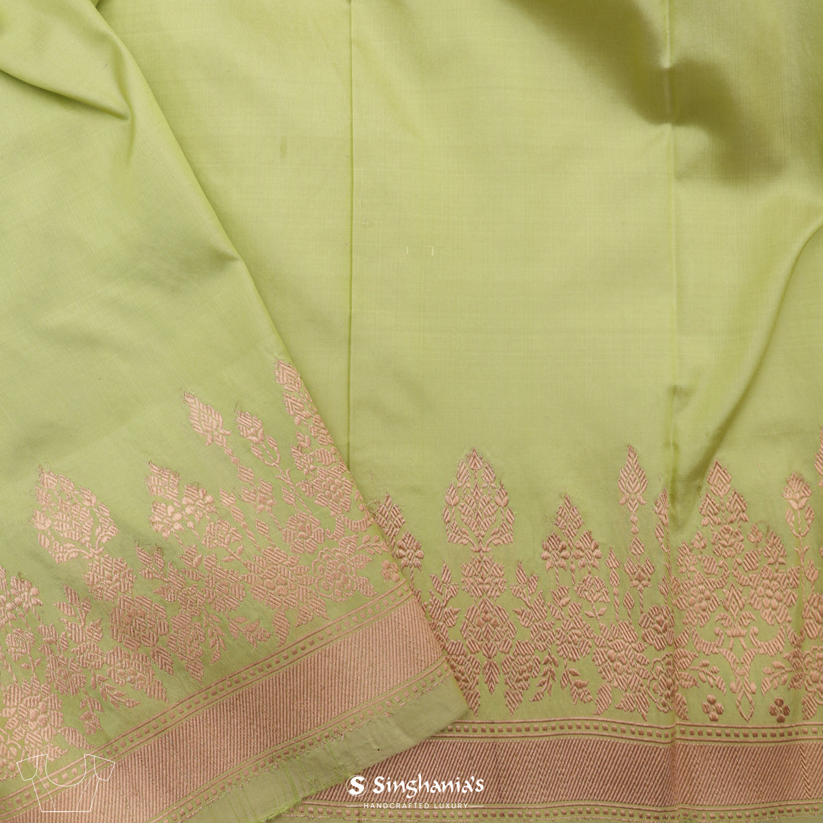 Kiwi Green Banarasi Silk Saree With Floral Stripes Weaving