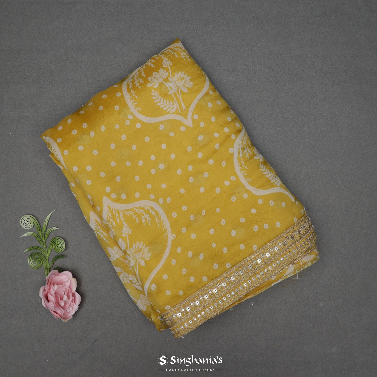 Royal Yellow Designer Organza Saree With Bandhani Pattern